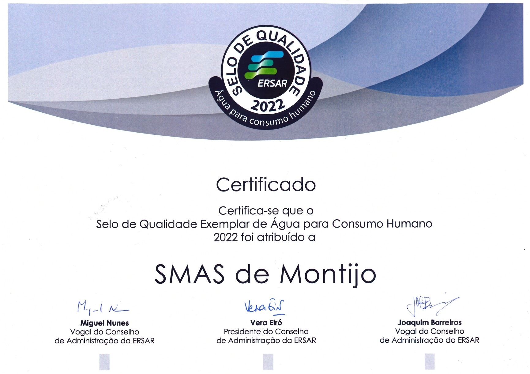 Certificado SELO DE QUALIDADE EXEMPLAR DE ÁGUA PARA CONSUMO HUMANO