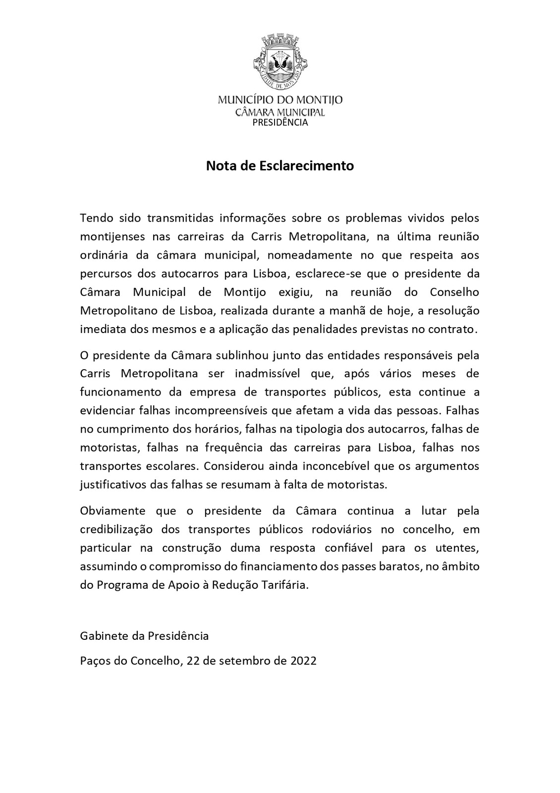 Nota de esclarecimento Carris Metropolitana